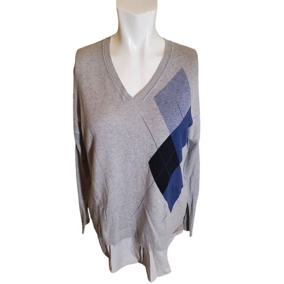 Peace of Cloth Argyle Sweater Cotton Cashmere Layered V neck Sweater Gray Sz M - Picture 1 of 5